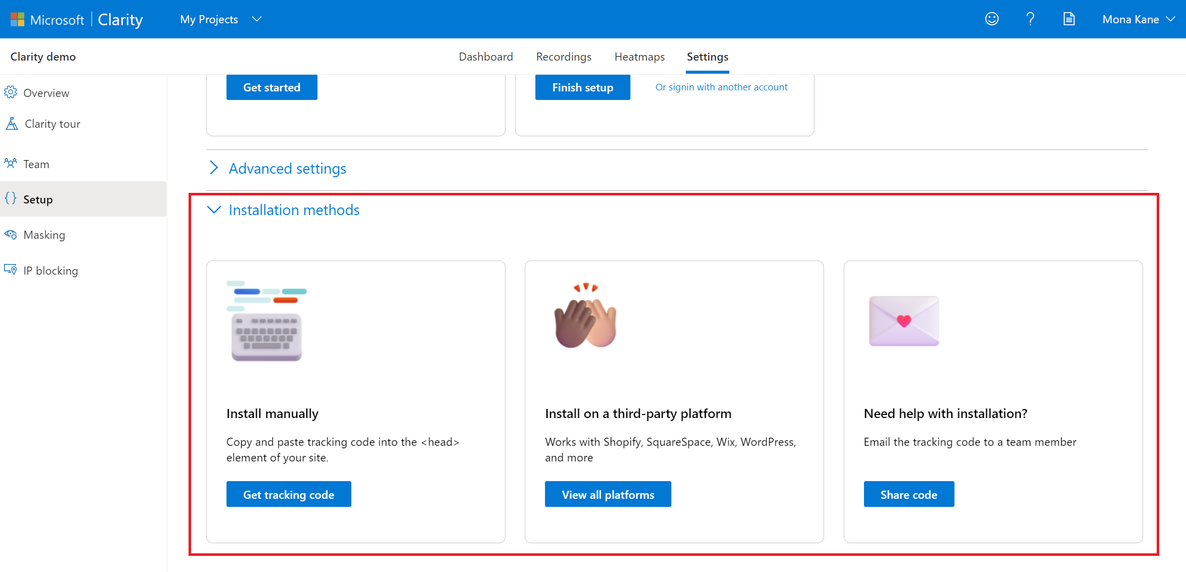 Copiar código de trackeio do Microsoft Clarity