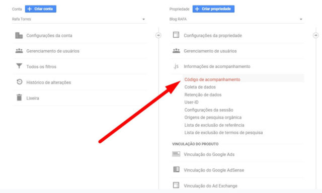 código de acompanhamento Google Analytics