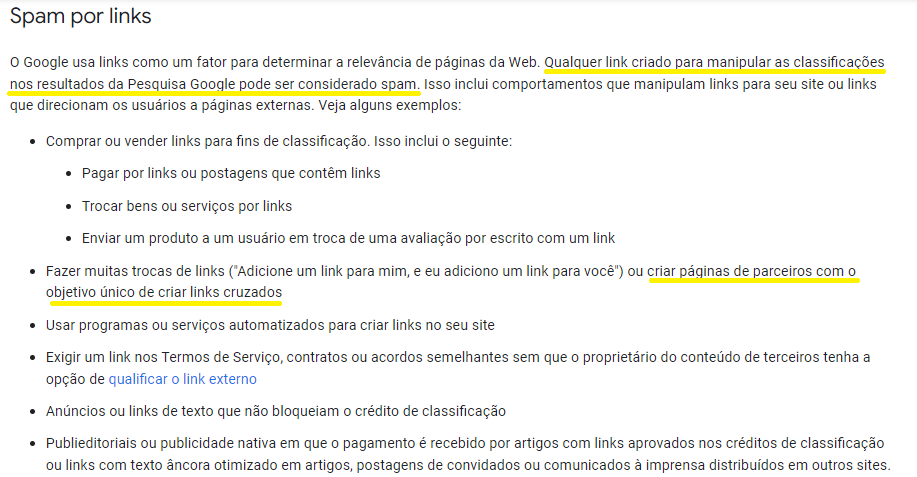 Documentação do Google sobre spam por links