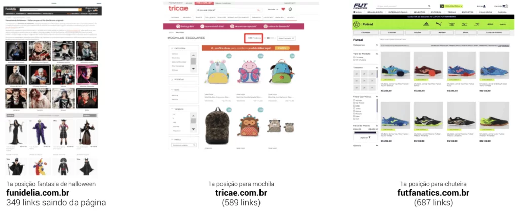 Telas de sites e respectivos outlinks