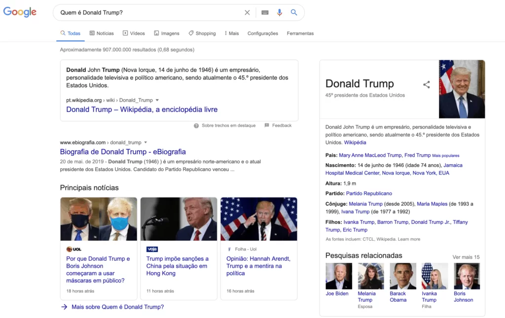 Exemplo de uma busca no Google Quem é Donald Trump para representar os resultados apresentados quando a intenção de busca é informacional