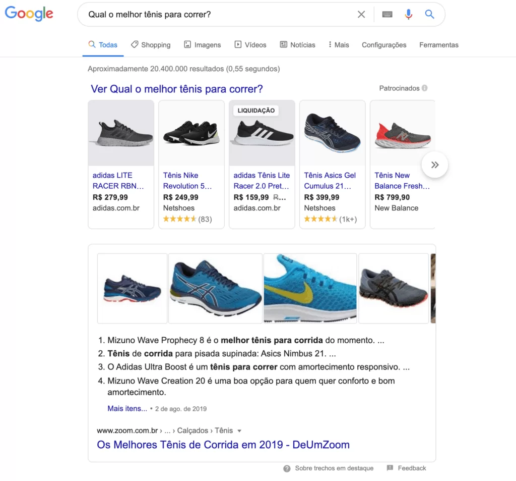 Busca no Google Qual o melhor tênis para correr representando uma busca do tipo comercial