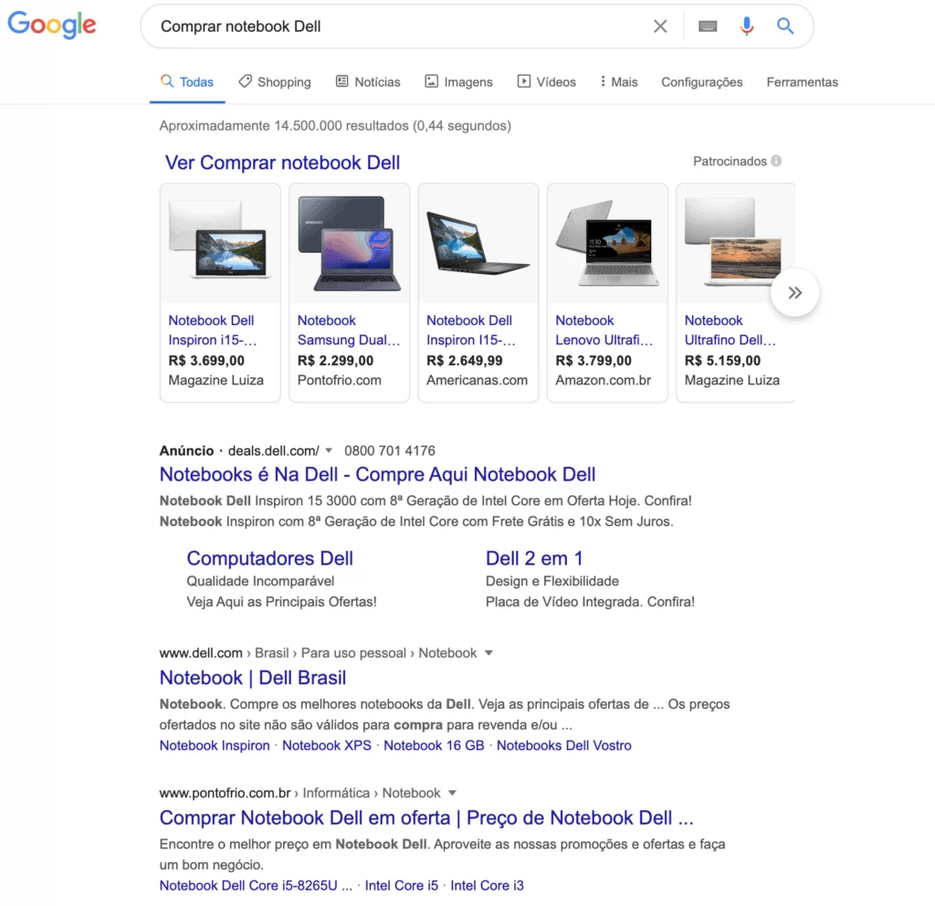 Busca no Google Comprar notebook Dell com uma SERP com resultados de busca transacional