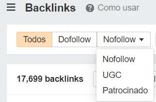 Filtro de backlinks patrocinados e nofollow no Ahrefs.