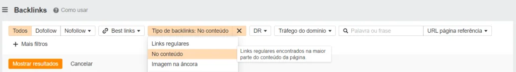 Filtro no Ahrefs para encontrar links dentro do conteúdo.