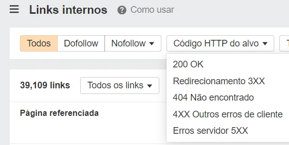 Filtros do Ahrefs para encontrar páginas com links internos quebrados ou levando para páginas redirecionadas. 