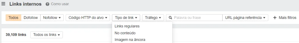 Filtro do Ahrefs para encontrar links internos no conteúdo. 